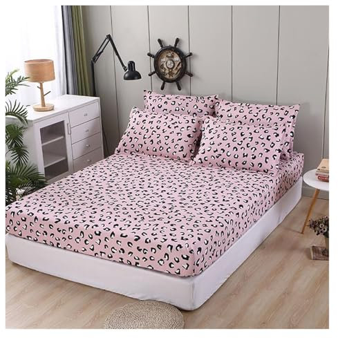 Satin-Bettlaken, Seidenbettwäsche, King-Size-Spannbettlaken, extra tiefe Tasche, kleines Spannbettlaken for Doppelbetten, weiche, einfache, moderne Bettwäsche mit 2 x Kissenbezügen(Pink Leopard Print,