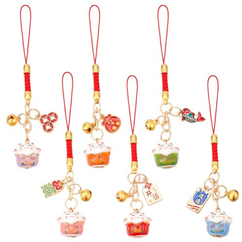 WEBEEDY 6 Porte Clés Chat Chanceux avec Clochette Maneki Neko en Couleurs Breloque Chat Japonais Porte Clés Breloque de Bonne Chance pour Décoration de Sac à Main Porte Clés (11cm)