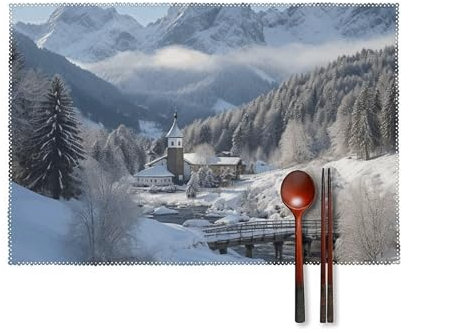 Tischsets 6er Set Winterlandschaft in den Bayerischen Alpen Bedruckt Dinner Tischmatte Abwischbar Hitzebeständig Rutschfest Platzsets Tischdeko für Küche Weihnachten Indoor Outdoor