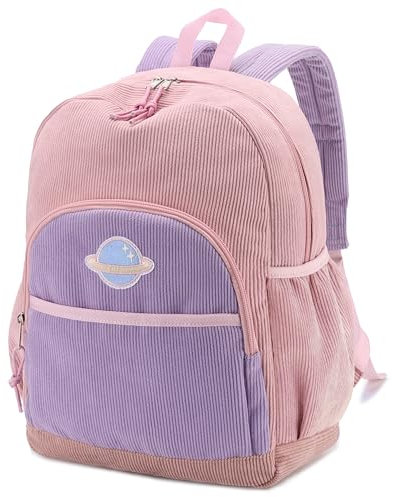 Kasgo Cartable Fille Primaire, Léger Sac à Dos Enfant Filles 5 à 9 Ans en Velours Côtelé Joli Sac d'École pour Dossiers A4 Maternelle Voyage avec Sangle de Poitrine Rose Violet