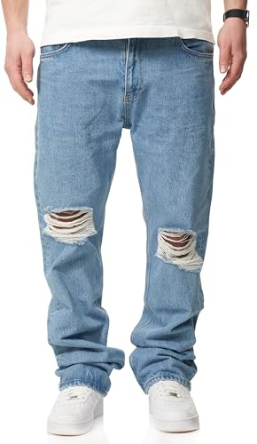 behype. Herren Jeans Ripped Straight-Fit Jeanshose 100% Baumwolle Denim Hose Used Look Men's DC_JN-246-Light Blue-W38/L32