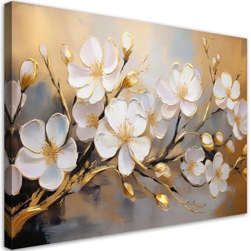 Feeby Leinwandbild - Bilder Wohnzimmer - Moderne weiße Blumen - 60x40 1tlg - Deko Schlafzimmer - Wanddekoration - Aesthetic - Groß Moderne Bild - Foto auf Leinwand