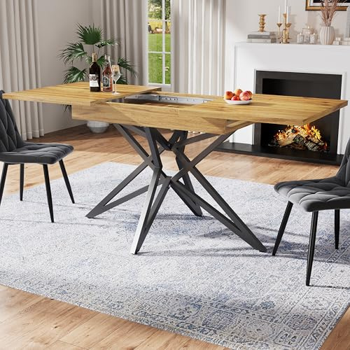 Tavolo da cucina allungabile - Tavolo da pranzo con gambe in ferro nero a forma di stella e piano in legno di noce, 120 (160) × 80 cm