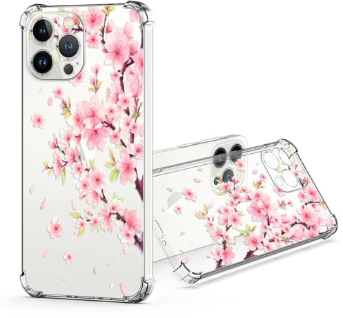 JRIANY per iPhone 13 Pro Max Trasparente Cover, Morbido TPU Silicone Protettiva Custodia con Fiore Fiori Motivo Antiurto Antigraffio Protezione Originale Case Custodie - Sakura Rosa