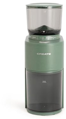 CREATE/COFFEE GRINDER STUDIO PRO/Molinillo de café con depósito verde sage/Capacidad de hasta 150g, 38 niveles de molienda, sistema de seguridad, 200W