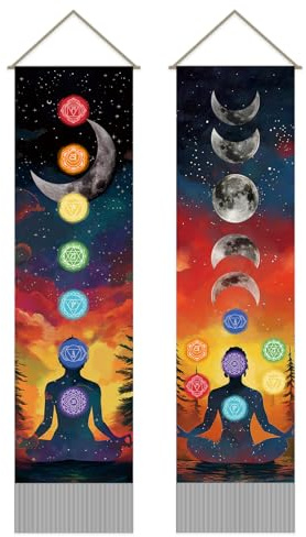 SUPERDANT Wandteppich Sieben Chakra Wandbehang Meditations Wandbehang Mondphasen Wandkunst Yoga Raum Wandteppiche 2 Lange Wandbehänge Mit Quasten Wohnzimmer Schlafzimmer Deko 130x33cm
