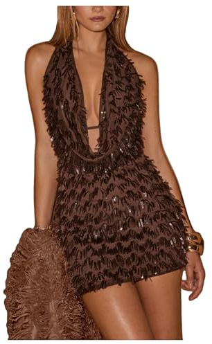 MakeMeChic Women's Sequin Sparkly Halter Dress Draped Fringe Cocktail Dress