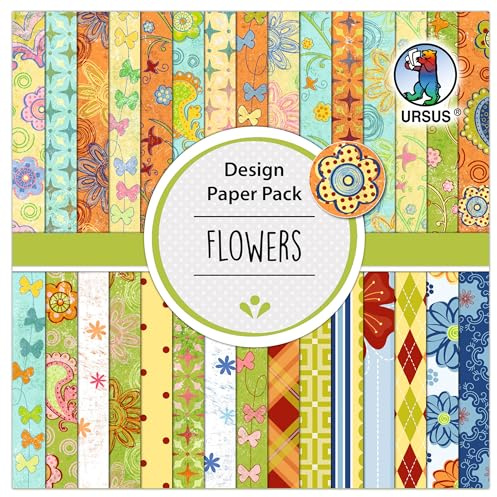 Ursus 4108 00 03 - Design Paper Pack Flowers, 30 Blatt, 15 x 15 cm, 190 g/m² Design-Papier in verschiedenen Motiven, beidseitig bedruckt, Bastelpapier für DIY & Deko