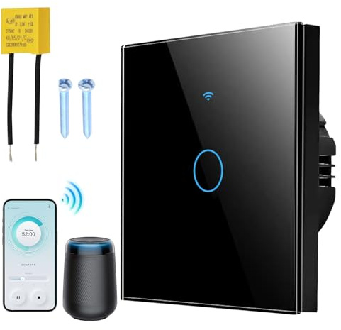 Interruttore intelligente WiFi, 1 Gang interruttore da parete touch compatibile con Alexa Google Home, telecomando App Smart Life programmabile timer, pannello in vetro temperato per la casa nero, 1