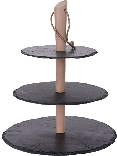 Schiefer Etagere 36 cm - 3 Platten - Servierplatte mit Holzständer - Etagenständer 3-stöckig