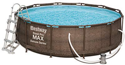 Bestway Power Steel Round Frame Swimming Pool with Filter Pump, Deluxe Series Rattan, 12 ft