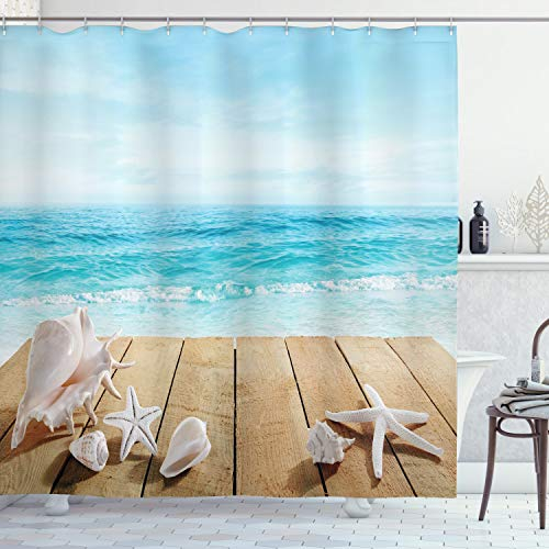 ABAKUHAUS Strand Duschvorhang, Sonnenschein Malediven Deck, Stoffliches Gewebe Badezimmerdekorationsset mit Haken, 175 x 220 cm, Pale Brown Beige