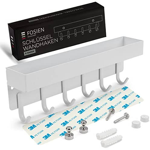 FOSIEN® design schlüsselbrett mit ablage und Magnethalter für Notizen ohne bohren/flur deko als schlüssel organizer/schlüsselbrett schwarz weiß 3M selbstklebende Haken und magnete Weiß