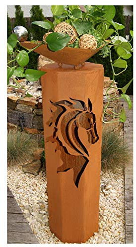 8-Eck Säule Pferd + Schale Modern Edelrost Rost Metall Gartendeko Garten Stele
