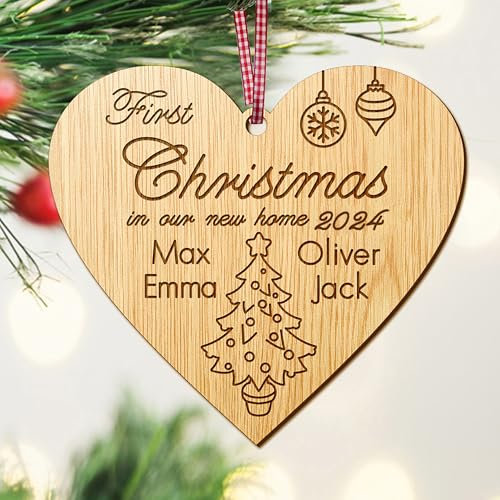 Personalised 1st Christmas in our New Home Bauble | First Xmas decoration for new house | housewarming gift | Wooden Christmas Tree Ornament Hand Finished in UK(Heart)