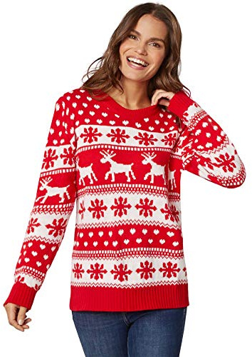 dressforfun 900825 Damen Weihnachtspullover, mit Eisblumen, Rentieren und Schneeflocken, rot weiß - Diverse Größen -