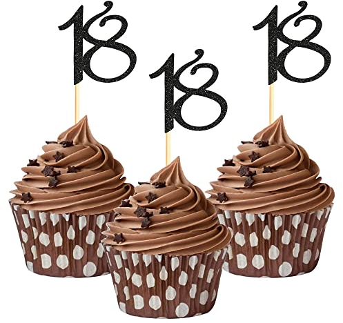 Sumerk 24PCS 18 Cupcake toppers Black Glitter 18th Birthday Cupcake Picks Anniversary Party Decorations