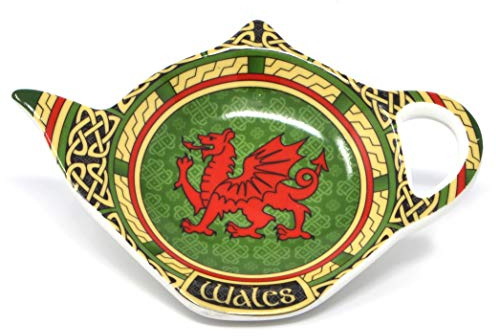 Wales Tea Bag Holder Porcelain | Welsh Red Dragon Cymru Tea Bag Saucer | Scottish Green Coaster Gift | Ireland Teapot Shaped Resting Caddy Saucer | Made of New Bone China Diameter 4/10cm