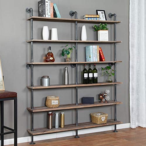 WGX Design For You Libreria industriale a 6 livelli, moderna scala a scaffale, in legno massello, scaffalature da parete, mensole in legno a tubo, mensole in legno vintage in ferro battuto (grigio)