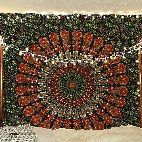 Bless International Handgemachte indische Tapisserie Hippie Bohemian Psychedelic Pfaue Mandala Tapisserie für Wohnheim Strand Tischüberwurf Tischdecke (Grün Gold, Poster (76x101cm)