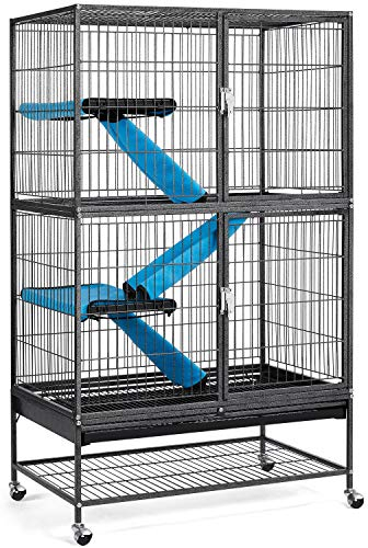 Yaheetech Kleintierkäfig, Metallkäfig für kleine Haustiere, Kaninchenstall mit 4 Räder, Käfig mit 2 abnehmbaren Rampen & Plattformen