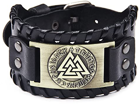 Mayting Wikinger Lederarmband, Wikinger Vegvisir Nordisches Armband Odin Runen Amulett Breites Armband Verstellbarer Punk Rock Keltischer Armreif für Herren, 38, Leder