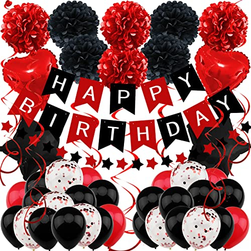 ZERODECO Geburtstagsdeko, Schwarz Rot Geburtstag Partydekoration für Männer Happy Birthday Banner mit Papier Pompons Stern Wimpel Folienballon Geburtstag für Mädchen Junge Frauen