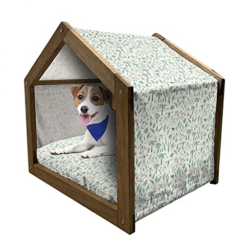 ABAKUHAUS bäuerlich Hundehütte aus Holz, Vietnam: Menschen in Bauernhof, tragbare Hundehütte für drinnen und draußen mit Kissen und Abdeckung, 55 cm x 75 cm, Seafoam Rose Elfenbein