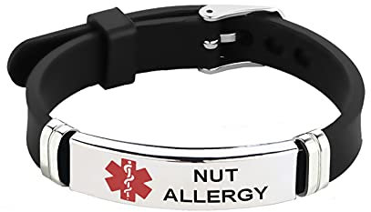 LSxAB Medical Alert Nut Allergy Bracelet for Men Women Emergency First Aid Seniors Health Alarm Laser Engraved Adjustable Silicone Wristband Bracelets