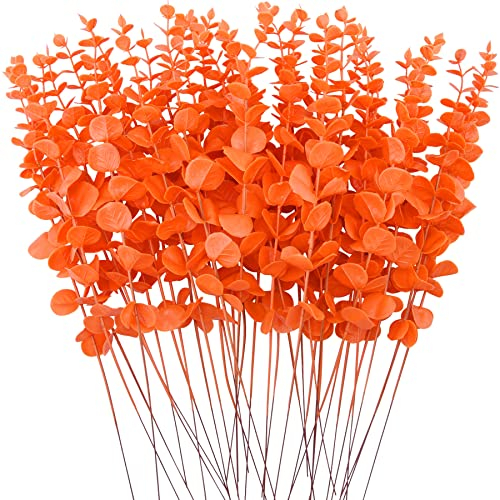 FEQO Lot de 36 tiges d'eucalyptus artificielles Orange avec Fausses Feuilles d'eucalyptus - 38,1 cm - pour Vase, Bouquet de Mariage, Maison - FF-22-067