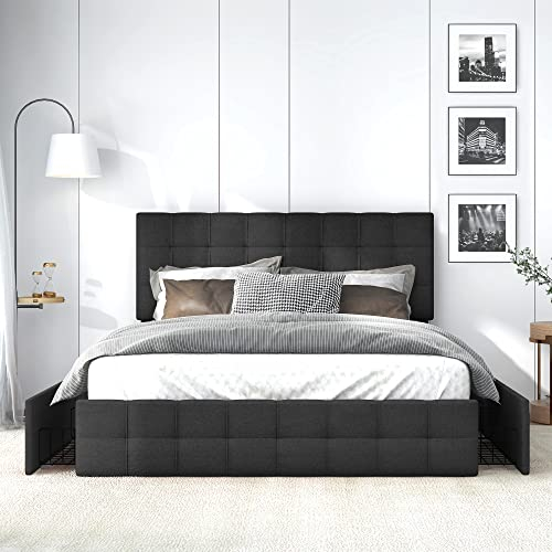 Sweiko Doppelbett Bettanlage 140 x 200 cm, Polsterbett mit 4 Bettkasten&Metalllatten, Stauraum Bettgestell mit Höhenverstellbares Kopfteil, in Schwarz Leinen, für Erwachsene&Jugendliche, Ohne Matratze