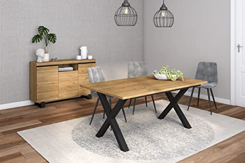 Skraut Home - Wohnzimmermöbel-Set | Tisch 170 X-Beine 8 Personen | Sideboard/Buffetschrank 140 Tall | Eiche und Schwarz | Industrieller Still