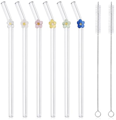 8 Pcs Reusable Glass Straws, Cute Colorful Flower Glass Straws Drinking | Shatter Resistant, Dishwasher Safe, Borosilicate Glass, Straws with Charms for Coffee, Juice, 20CM