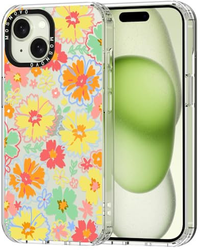 MOSNOVO Case for iPhone 15, [Buffertech 6.6ft Military-Grade Drop Protection] [Anti Peel Off Tech] Clear TPU Bumper Phone Case Cover Design - Retro Boho Hippie Flowers