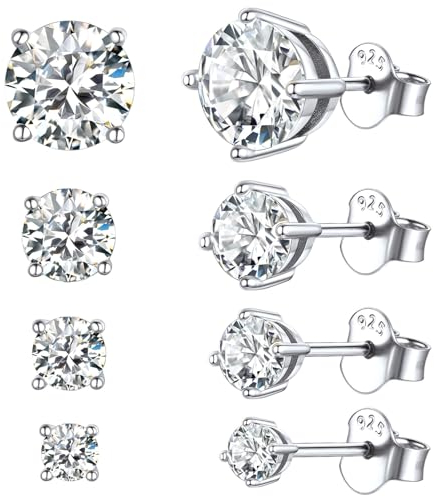 ChicSilver 4 Paar Zirkonia Ohrstecker Set, 925 Silber Ohrring Stecker, 3mm/4mm/5mm/7mm Ohrstecker mit Zirkonia Set, Kleiner Ohrschmuck für Damen Mädchen