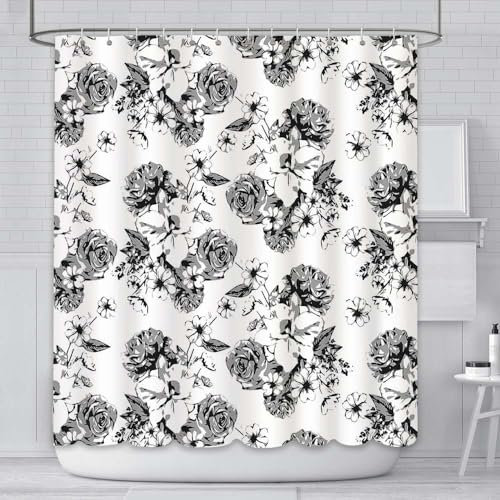 AIBIIN Rideau de douche vintage motif fleurs 180 x 180 cm, noir et blanc, rideau de bain botanique pour salle de bain en polyester durable avec 12 crochets