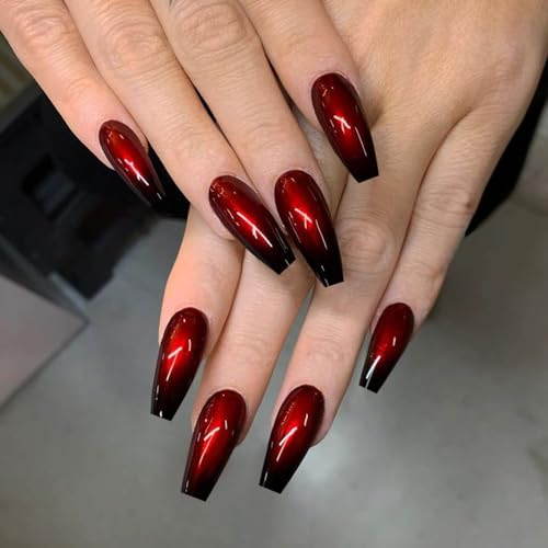 24PCS Français Faux Ongles Longue Cercueil Ongles à Coller Rouge Noir Gradient Ballerine Press on Nails Naturel Couverture Complète Ongle Artificiels pour Femme et Fille DIY D'ongle Manucure Salon
