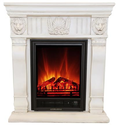 abc HOME Elektrischer Kamin „Löwe“ Klassisch Weiß – Monumentales Design mit Realistischer LED Flamme & Heizfunktion – 86x96cm Luxus Standkamin – Zeitlose Eleganz für Ihr Zuhause