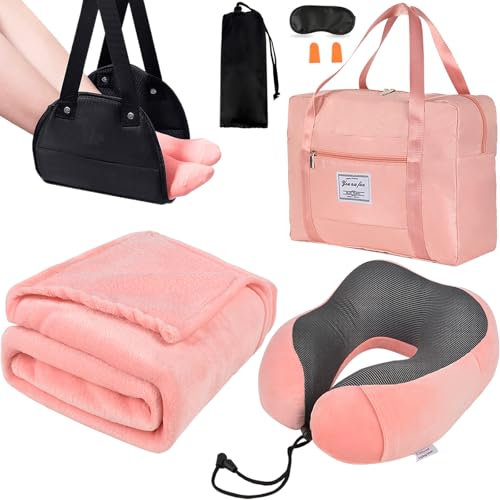 Juego de almohada y manta de viaje y reposapiés, almohada de cuello de espuma viscoelástica, manta de avión y hamaca de pie de avión y bolsa de lona plegable, máscara de ojos y tapones para los oídos,