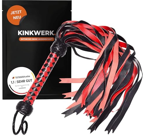 KINKWERK Flogger Peitsche aus Kunstleder, Rot Schwarz | BDSM Peitsche mit vielen weichen Riemen und festem Griff für Paare | Spanking Spielzeug für Anfänger und Fortgeschrittene