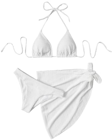 GORGLITTER Bikini Damen Set 3 Teilig Triangle Bikini Set Mit Rock Neckholder Bikini High Waist Badeanzug Weiß M