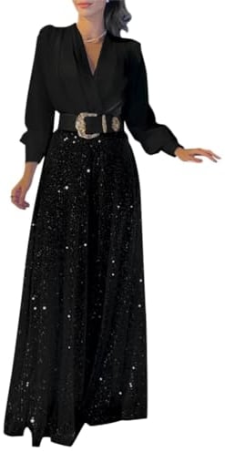 Onsoyours Damen Pailletten Jumpsuit Elegant Langarm Hohe Taille Cocktail Party Festlich Overalls Hosenanzug Playsuit Lang Romper für Hochzeit mit Gürtel A Schwarz XXL