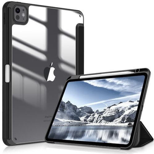Fintie Funda iPad Pro 11 Pulgadas 2024 (5ª Gen) M4 con Soporte para bolígrafo, Funda Resistente a los Golpes con Carcasa rígida Transparente en la Parte Posterior - Negro