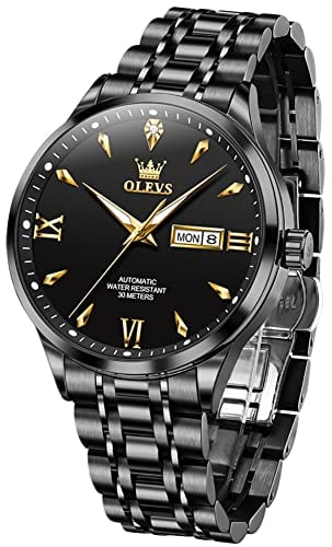OLEVS Automatische Herren-Armbanduhr, selbstaufziehend, mechanisch, Business, Luxus, Edelstahl, wasserdicht, leuchtend, Tag und Datum, 9956: Schwarzes Band und schwarzes Zifferblatt, G