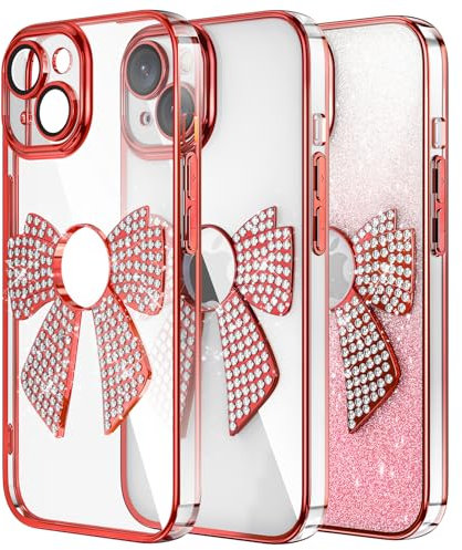 IMIRST Diamond Phone Case Compatible with iPhone 13 (6.1'') Electroplated Bling Glitter Silicone Shell Shockproof Protective Cover Bumper Bow Tie Case for Apple iPhone 13. KD Red