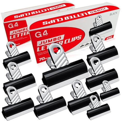 G4GADGET Pack of 10 Jumbo Black Bulldog Clips 70mm – Heavy-Duty Metal Binder Clips – Strong Grip Paper Clips for Office, School & Home – Ideal for Securing Documents & Files