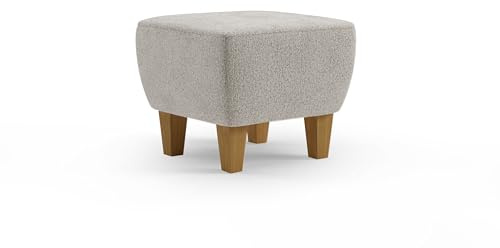 Cavadore Hocker Vida / Polsterhocker mit massiven Holzfüßen in Eiche / 52 x 46 x 52 / Chenille, Naturweiß