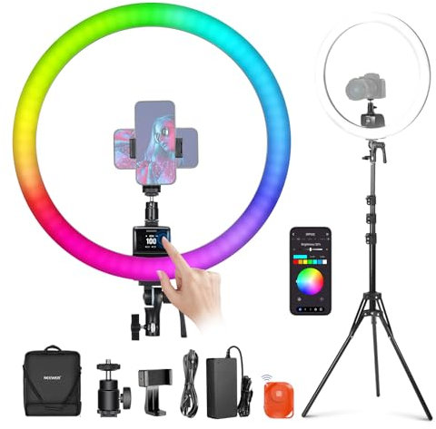 NEEWER SRP18C RGB LED Ringlicht Set ultraschlank App Steuerung mit umkehrbarem Licht Ständer, Telefonhalter, Kugelkopf, 2500K–10000K, CRI 95+/TLCI 97, 3700Lux/0,5m 18 Szenen für TikTok/Make up/Gaming