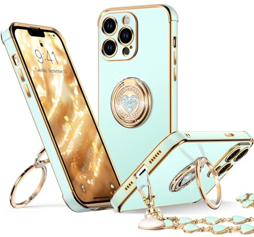 XYZ for iPhone 13 Pro Case with Stand, Phone Case with Double Ring Kickstand, Women Girl Cute Love-Heart Luxury Bling Protective Case Heart for iPhone 13 Pro, Green