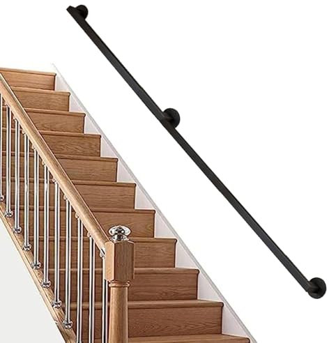 Corrimano in Ferro battuto Nero per Scale Interne, corrimano per Scale, Montaggio a Parete, 1 m, 150 cm, 2 m, 250 cm, 3 m, 4 m, 5 m, 6 m, Kit di Supporto, Nero(90cm)